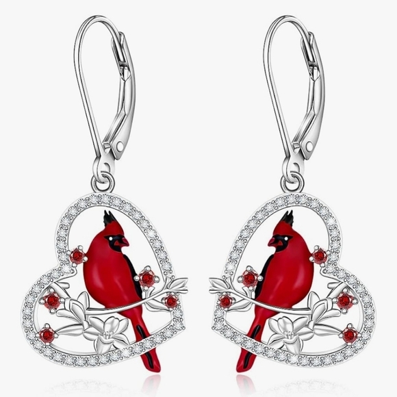 Jewelry - 925 Red Cardinal Earrings for Women Dangle Sterling Silver W CZs